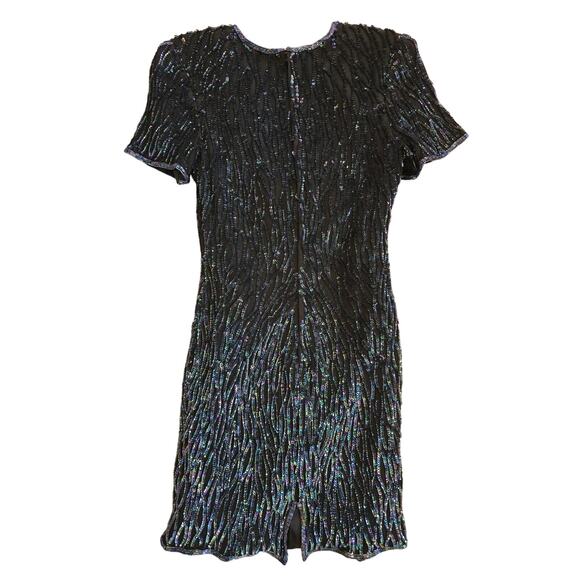 Vintage Night Vogue 100% Silk Sequin Mini Dress PM Black Iridescent Beaded - Picture 2 of 3